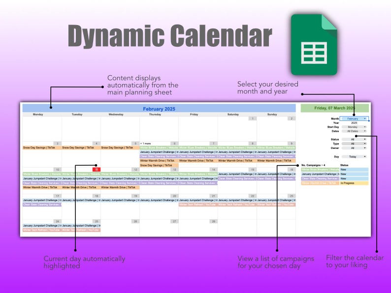 Marketing or Event Planner in Google Sheets showing the Calendar sheet