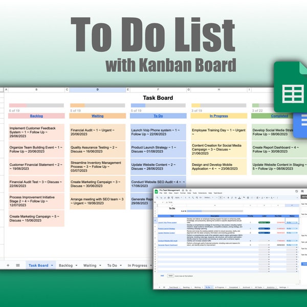 To-Do List Template with Kanban Board in Google Sheets | Automatic Task and Project Tracker Spreadsheet with Google Docs and Analytics
