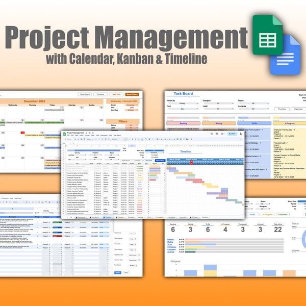 Modello di gestione del progetto con calendario, lavagna Kanban e diagramma di Gantt della sequenza temporale in Fogli Google/Foglio di calcolo del tracker delle attività da svolgere del team