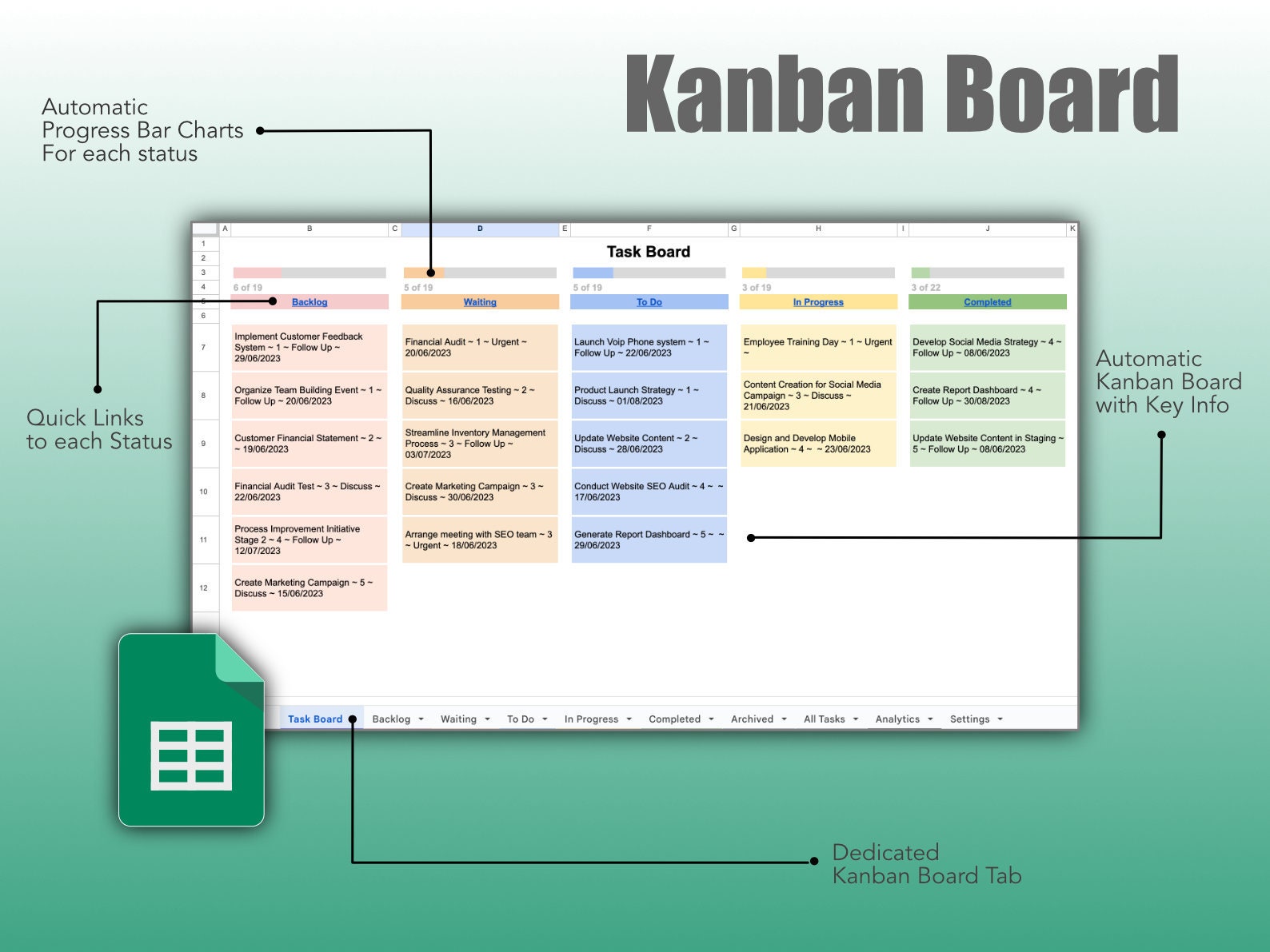 Google Sheets Kanban Board To-do List: Automatic Task Tracker Template ...