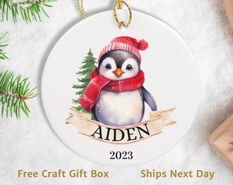 Personalized Kid Christmas Ornament, Custom Penguin Ornament, Custom kids gift, penguin gift