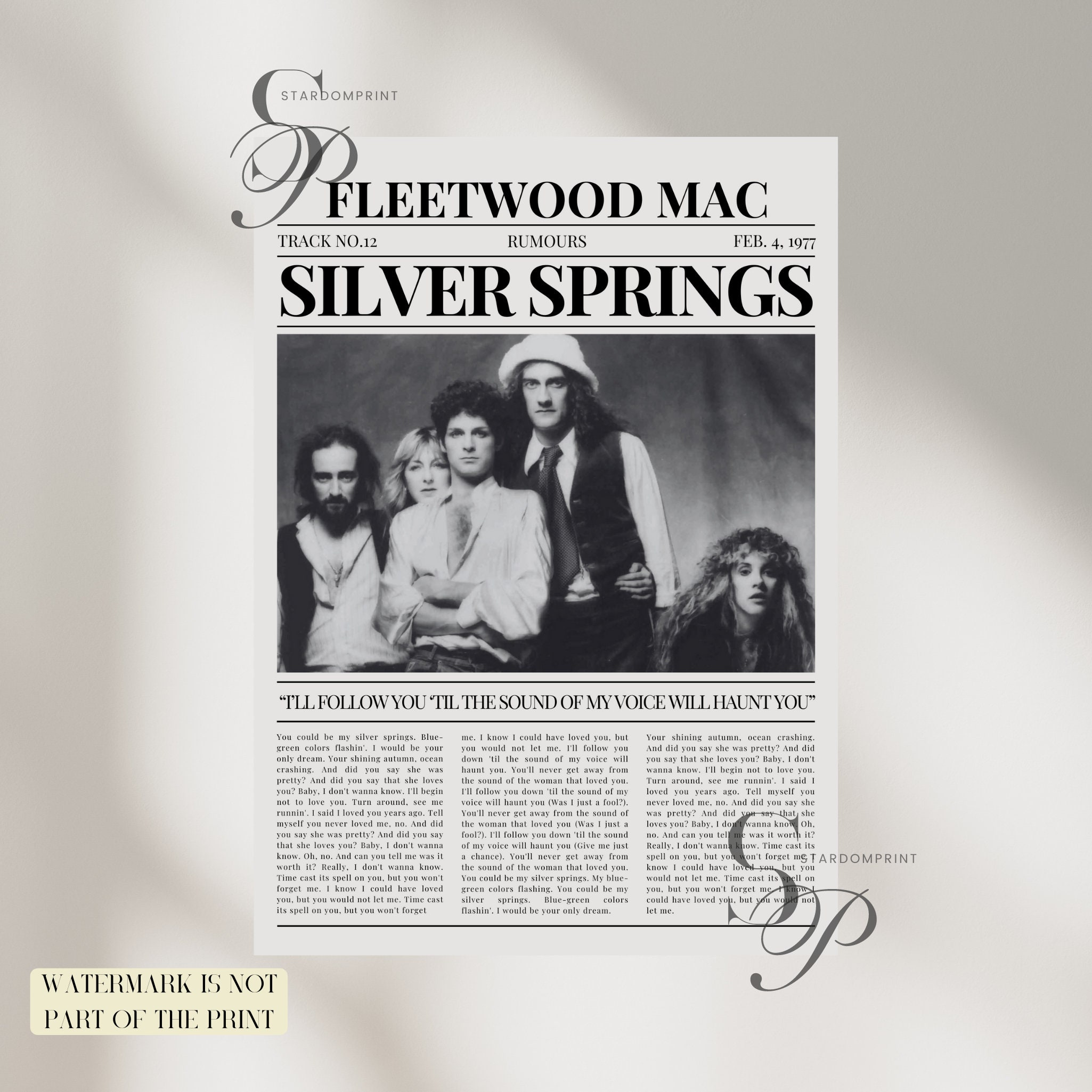 Fleetwood Mac Retro Newspaper Print, Silver Springs Lyrics Poster, Rumours Album sold by Maggy