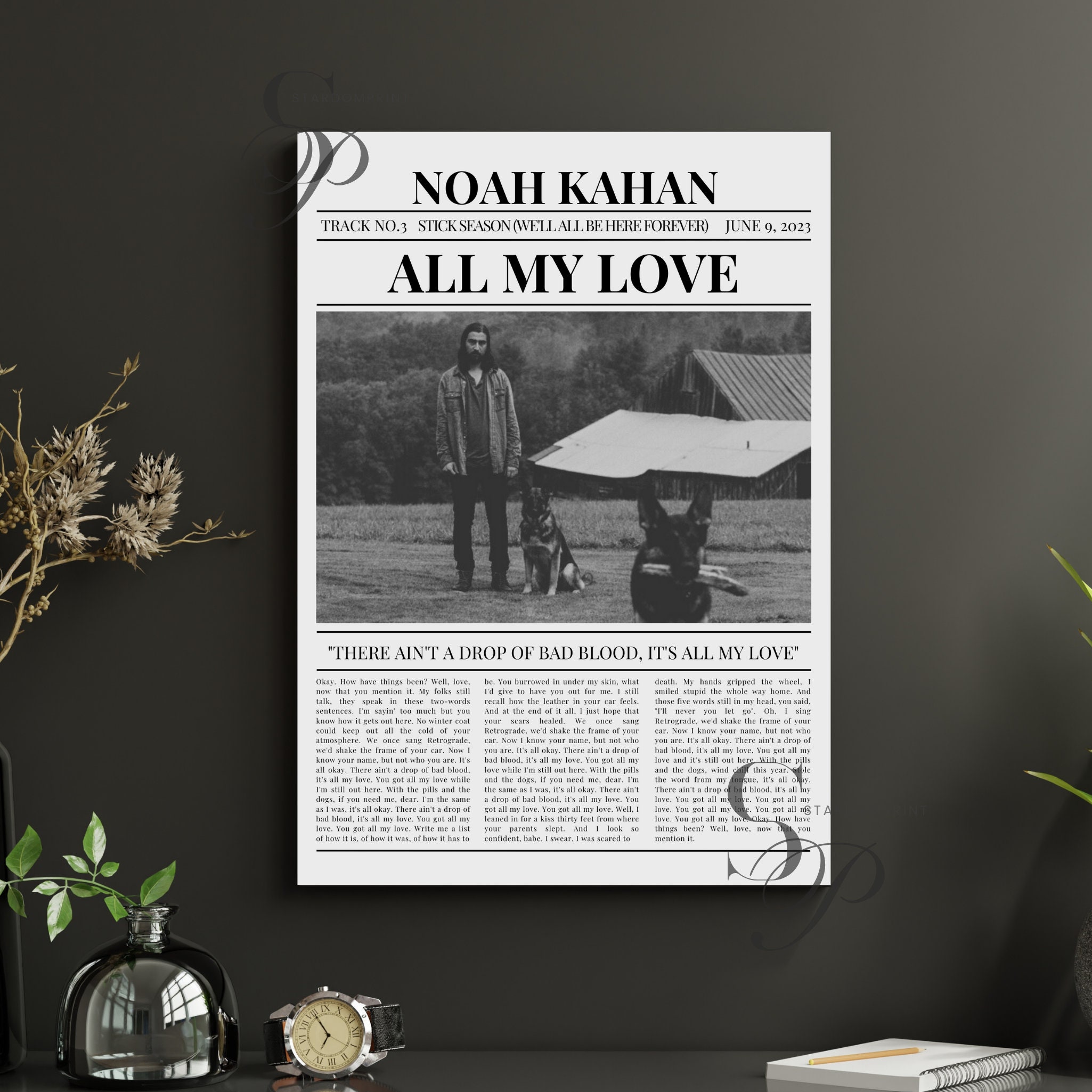 Noah Kahan Retro Newspaper Print All My Love Lyrics Poster