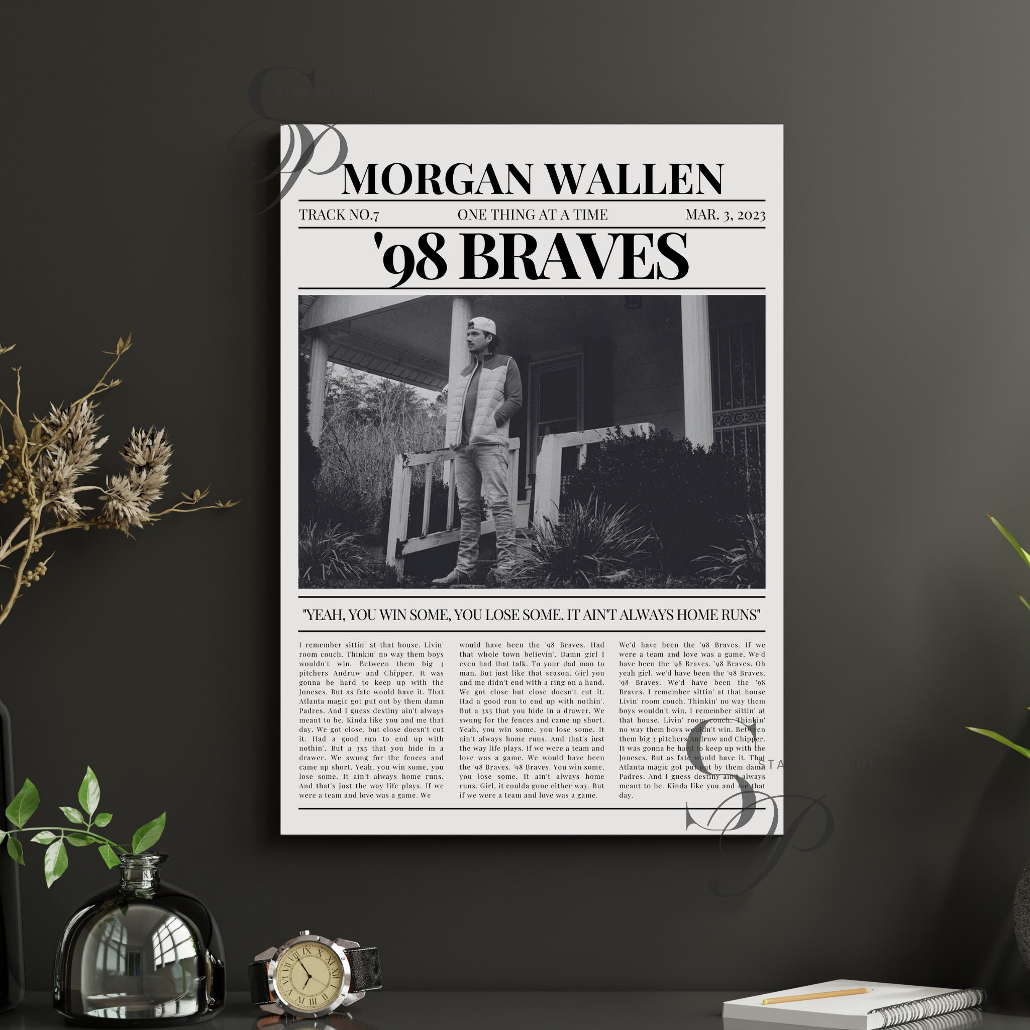 Morgan Wallen Retro Newspaper Print '98 Braves Lyrics 