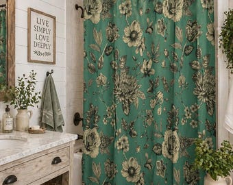 Rideau de douche floral vert, décoration de salle de bain botanique vintage, baignoire de ferme moderne, imprimé floral cottage, décoration de maison rustique chic