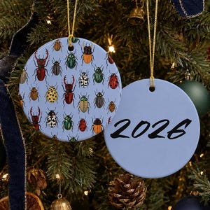 May include: Two round ceramic ornaments hanging by gold strings. One ornament features a light blue background with a repeating pattern of various colorful beetles. The second ornament is a solid light blue with the black text 2026 printed on it.
