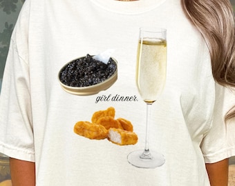 Girl dinner Coquette Shirt Caviar Chicken Nugget Champagne y2k Vintage Aesthetic Women&#39;s Cotton T-Shirt Trendy