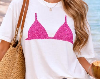 Rosa Glitter Bikini T-Shirt, Viral Sommer Grafik Shirt Frauen, Strand Urlaub Outfit, trendige Küstenästhetik T-Shirt, süßes Geschenk für sie