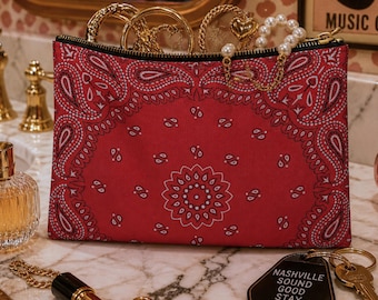 Neceser de maquillaje con pañuelo rojo, neceser de cosmética estilo vaquera, estuche de aseo para despedida de soltera en Nashville, organizador de viaje para conciertos de música country.