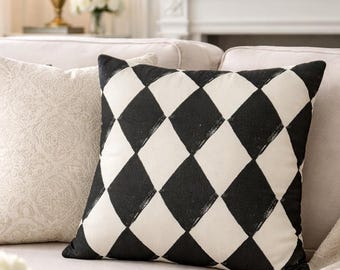 Black White Harlequin Pillow Case, Diamond Pattern Throw Cushion Cover, Modern Traditional Decor, French Country Style, Chic Sofa Accent