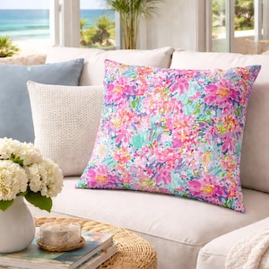 Floral Throw Pillow Cover, Bright Pink Turquoise Cushion, Coastal Grandmillennial Decor, Preppy Beach House Pillow, Summer Home Accent Gift