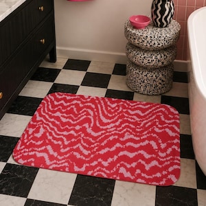 Alfombra de baño abstracta roja y rosa, alfombra de baño con decoración de dopamina, decoración moderna para baño femenino, alfombra de baño de espuma viscoelástica, artículos esenciales para dormitorios universitarios.