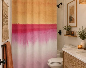Rideau de douche ombré coucher de soleil, décoration de salle de bain rose jaune dégradé, style aquarelle pour le bain, esthétique féminine, design moderne doux