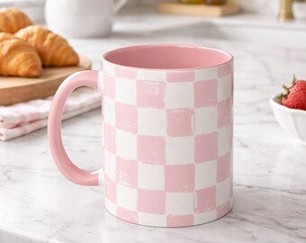 ピンクのチェック柄ティーマグ、コケットコーヒーカップ、フレンチカントリーキッチン装飾、キュートでおしゃれなドリンクウェア、ガーリーパンクギフトアイデア