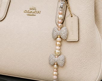 Pearl Bow Bag Charm, Coquette Purse Charm, Feminine Handbag Accessory, Pink Bow Keychain, Girly Bag Decor, Glam Purse Charm Gift