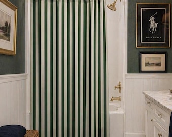 Green Stripe Shower Curtain, Ralph Lauren Inspired Decor, Preppy Classic Stripe Bath, Luxury Cottage Bathroom, Timeless Designer Look