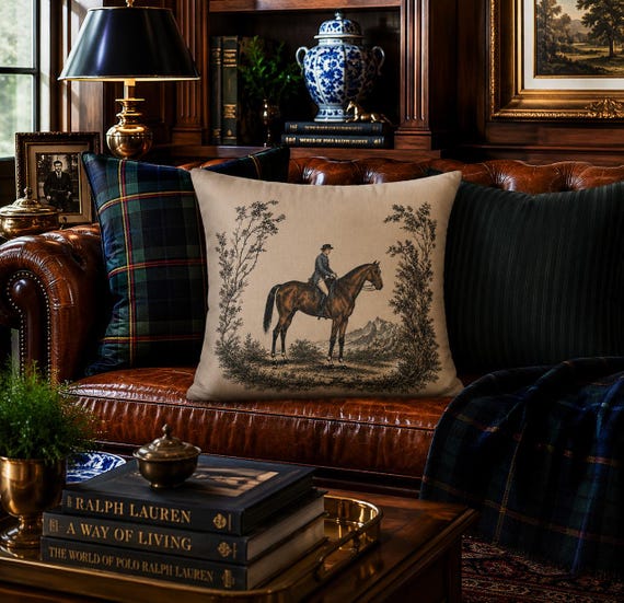 Vintage Equestrian Toile Pillow Cover, Horse Rider Cushion, Neutral French Country Decor, English Cottage Throw Pillow, Hunt Club Accent