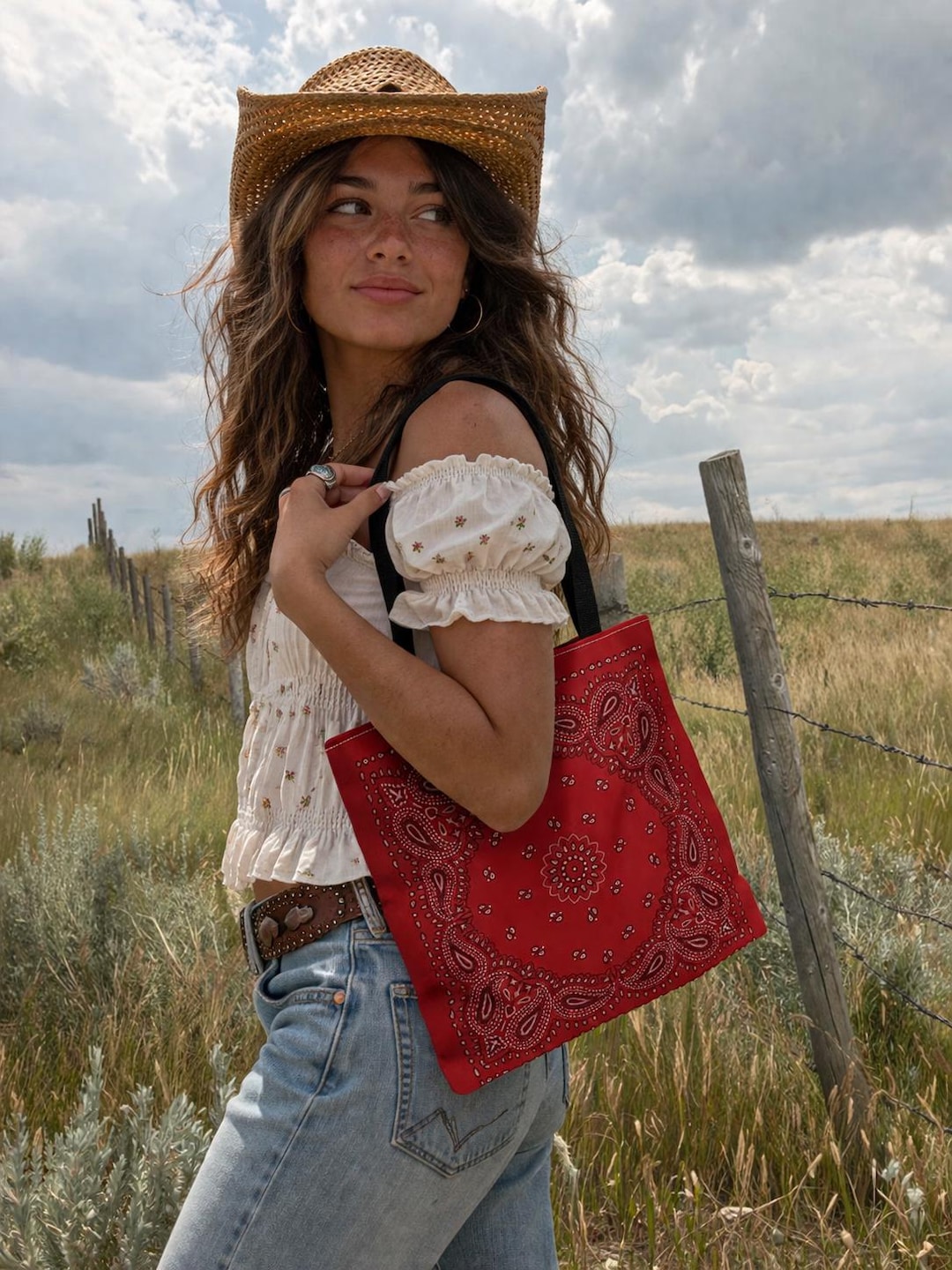 Red Bandana Tote Bag, Western Cowgirl Purse, Paisley Canvas
