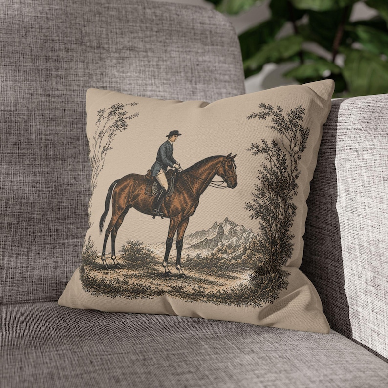 Vintage Equestrian Toile Pillow Cover, Horse Rider Cushion, Neutral French Country Decor, English Cottage Throw Pillow, Hunt Club Accent image 8