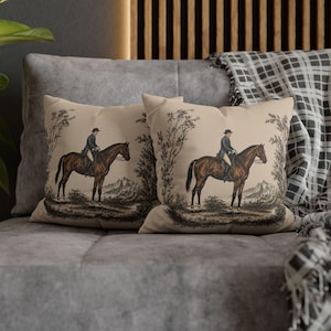 Vintage Equestrian Toile Pillow Cover, Horse Rider Cushion, Neutral French Country Decor, English Cottage Throw Pillow, Hunt Club Accent image 9