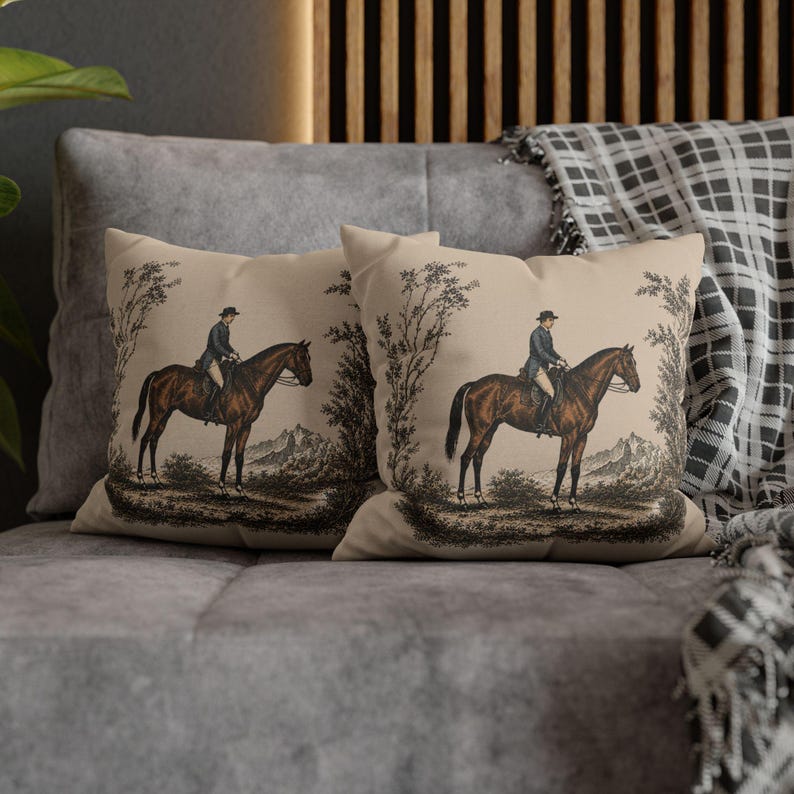 Vintage Equestrian Toile Pillow Cover, Horse Rider Cushion, Neutral French Country Decor, English Cottage Throw Pillow, Hunt Club Accent image 9