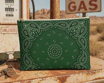 Estuche para joyas con estampado de bandana verde, organizador de viaje, neceser, regalo para ella, bolso de maquillaje, estuche para accesorios, estilo country-western chic