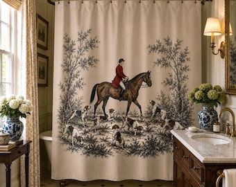 Vintage Equestrian Shower Curtain, English Country Bathroom Decor, Horse Rider Toile, Ralph Lauren Inspired, Old Money Bath Curtain