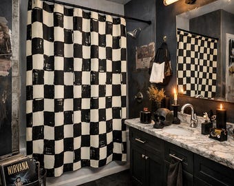 Karierter Duschvorhang - Retro Schachbrett Badezimmer Dekor, coole Mädchen Ästhetik, modernes Grunge Zuhause, Statement Badewanne