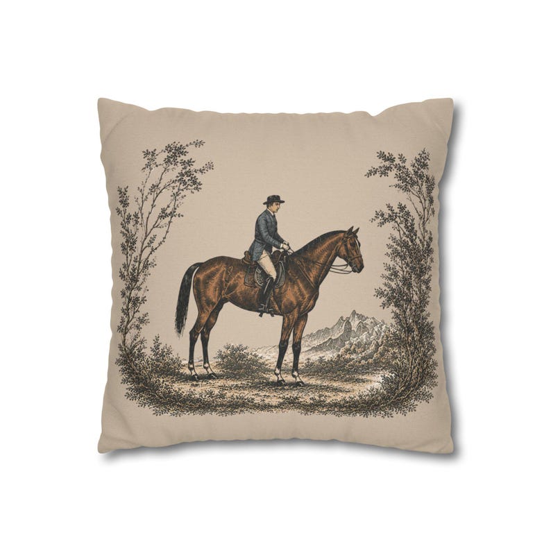 Vintage Equestrian Toile Pillow Cover, Horse Rider Cushion, Neutral French Country Decor, English Cottage Throw Pillow, Hunt Club Accent image 5