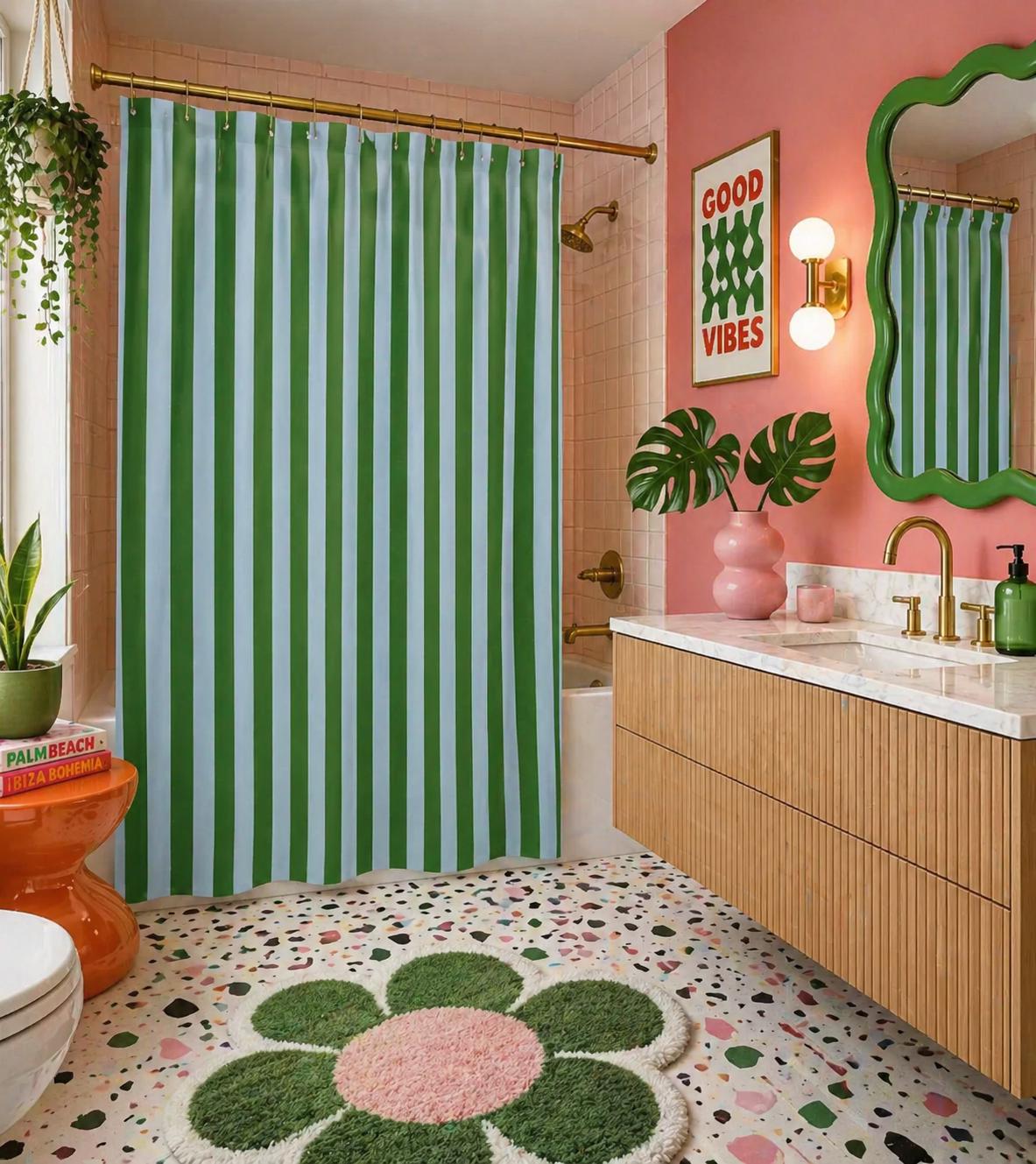 Green Blue Stripe Shower Curtain, Funky Modern Bathroom Decor, Retro…