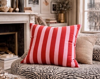 Pink & Red Striped Pillow Cover, Chic Parisian Apartment Decor, Bold Aesthetic Throw Pillow, Modern Boho Accent Cushion, Living Room