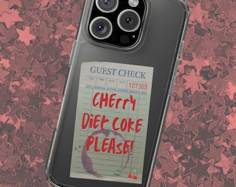 May include: Clear phone case with a printed guest check design. The check reads "Cherry Diet Coke PLEASE!" in red ink, with a wine stain. The phone case is on a background of red star-shaped confetti.