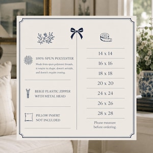 May include: A square informational graphic with a cream background and dark blue text. It lists 100% spun polyester material, a beige plastic zipper with a metal head, and available sizes from 14x14 to 28x28 inches. It notes the pillow insert is not included.