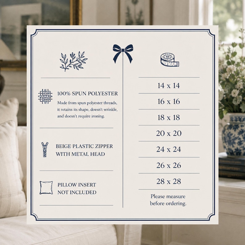 May include: A square informational graphic with a cream background and dark blue text. It lists 100% spun polyester material, a beige plastic zipper with a metal head, and available sizes from 14x14 to 28x28 inches. It notes the pillow insert is not included.