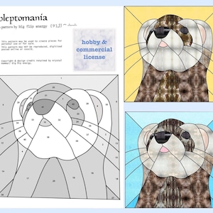 May include: A black and white line art pattern of a ferret's head with numbered sections. The pattern is labelled "bleptomania" and is a hobby and commercial license. Two images of ferrets are shown below the pattern, one on a yellow background and one on a blue background.