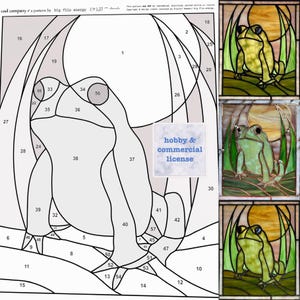 May include: A black and white line art pattern of a frog with numbered sections. The image includes a colour key with a frog in a stained glass style. The text "hobby & commercial license" is included in the image.