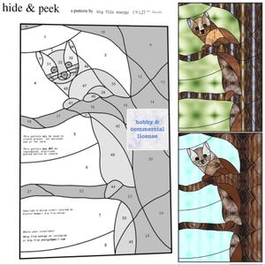 Puede incluir: Un patrón de vitral en blanco y negro de un gato asomándose desde detrás de una rama de árbol. El patrón está numerado del 1 al 50 e incluye el texto "hobby & commercial license".