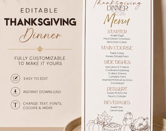 Thanksgiving Menu Template | Friendsgiving Menu | Editable Menu | Printable Thanksgiving Dinner Menu | Holiday Dinner Party