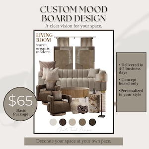 May include: A custom mood board design for a living room featuring a beige channel-tufted sofa, two brown leather swivel chairs, a round wooden coffee table, a floor lamp, and decorative pillows. The board includes a color palette of five neutral tones.