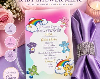 Care Bear Inspired Baby Shower Menu Template | Editable Canva Menu | Rainbow Baby Shower Decor | Instant Download