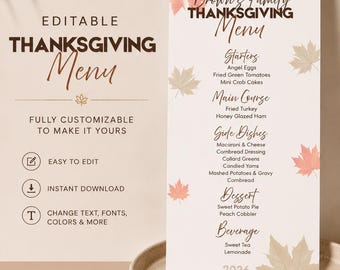 Thanksgiving Menu Template | Friendsgiving Menu | Editable Menu | Printable Thanksgiving Dinner Menu | Holiday Dinner Party