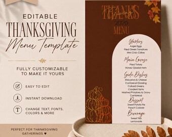 Thanksgiving Menu Template | Friendsgiving Menu | Editable Menu | Printable Thanksgiving Dinner Menu | Holiday Dinner Party