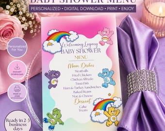 Care Bear Inspired Baby Shower Menu | Personalized Menu Template | Custom Baby Shower Menu | Canva Digital Download