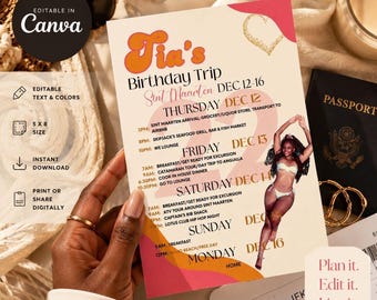 Luxury Birthday Trip Itinerary Template Editable in Canva | Girls Trip | Vacation Planner | Birthday Weekend Itinerary | Digital Download