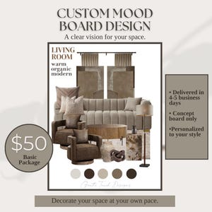 May include: A custom mood board design for a living room featuring a beige channel-tufted sofa, two brown leather swivel chairs, a round wooden coffee table, a floor lamp, a stone side table, and decorative pillows in a warm, organic color palette.
