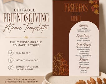 Thanksgiving Menu Template | Friendsgiving Menu | Editable Menu | Printable Thanksgiving Dinner Menu | Holiday Dinner Party