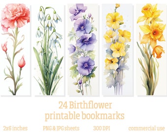 24 birthflower printable bookmarks, sublimation bookmark set, digital download, gift for reading lovers, gift for bookmarks lovers