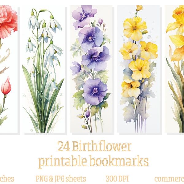 24 birthflower printable bookmarks, sublimation bookmark set, digital download, gift for reading lovers, gift for bookmarks lovers