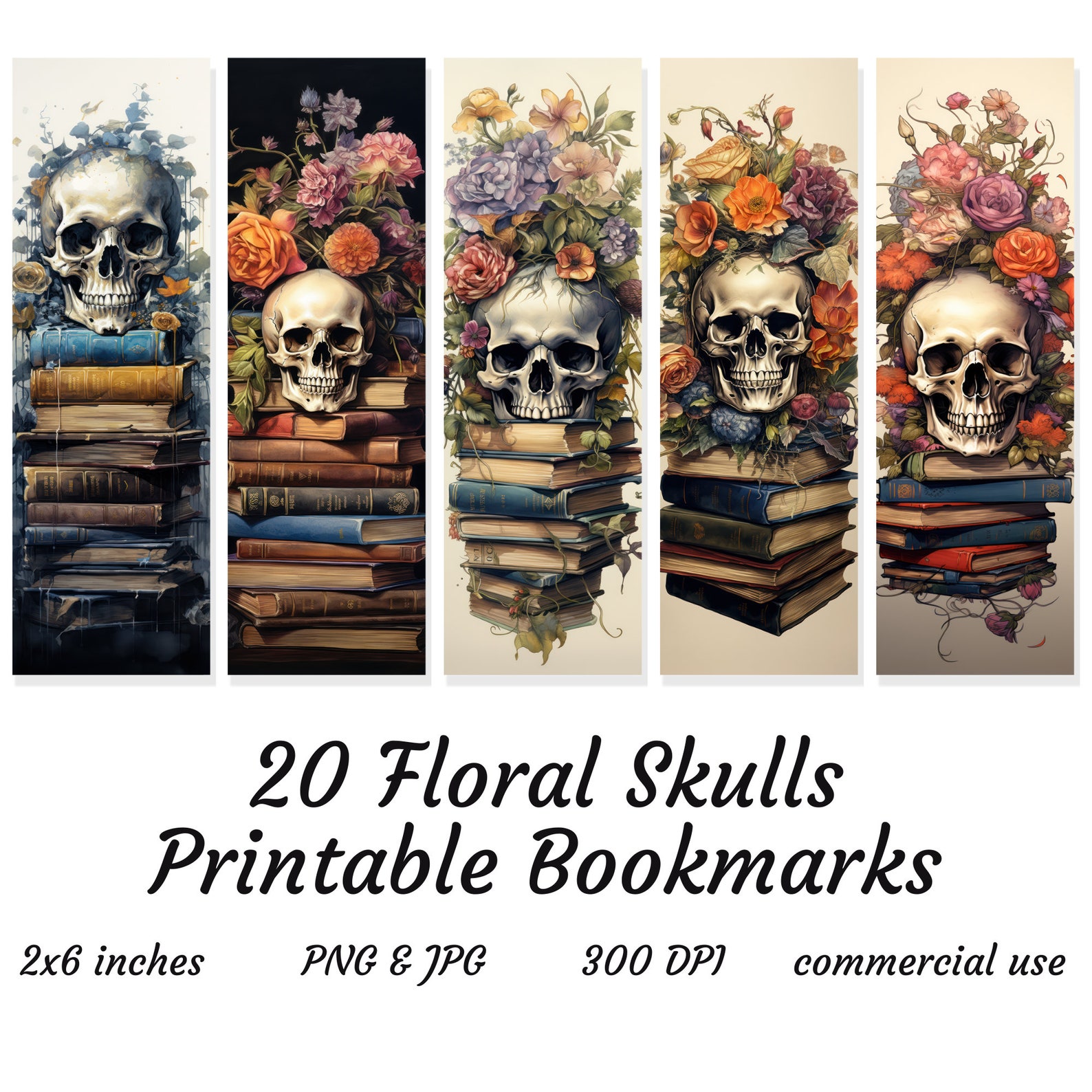 20 Floral Skulls Bookmarks, Gothic Bookmark Set, Bookmark Png, Bookmark ...