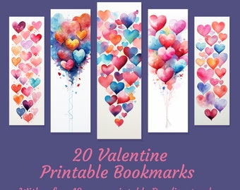 20 watercolor valentine printable bookmarks, sublimation bookmark set, gift for reading lovers and gift valentine days, gift valentine days